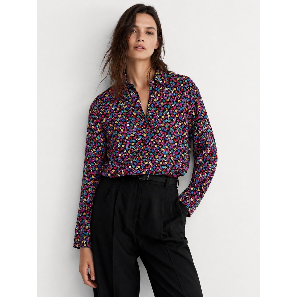 Jaeger Womens Abstract Multi Color Print Button Up Blouse XS Black Maximalist